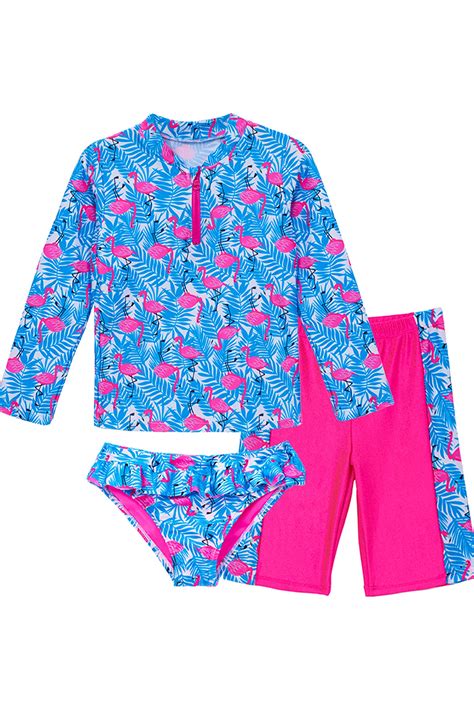 Girls Long Sleeve Swimsuit 3pcs Flamingo Swimwear Kids Rash Guard Set