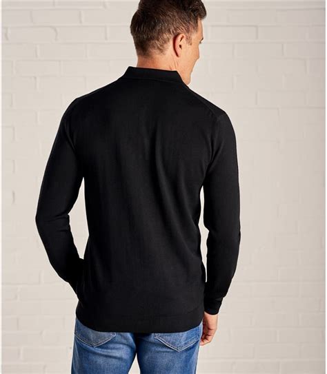 Plus size textured jacquard 1/4 zip polo. Black | Mens Luxurious Merino Long Sleeve Polo Shirt ...