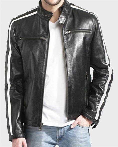 Mens White Stripe Black Biker Cafe Racer Leather Jacket