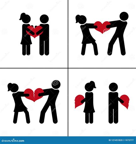 From Love To Divorce Couple With Broken Heart Relationship Concept Vector Silhouettes Stock