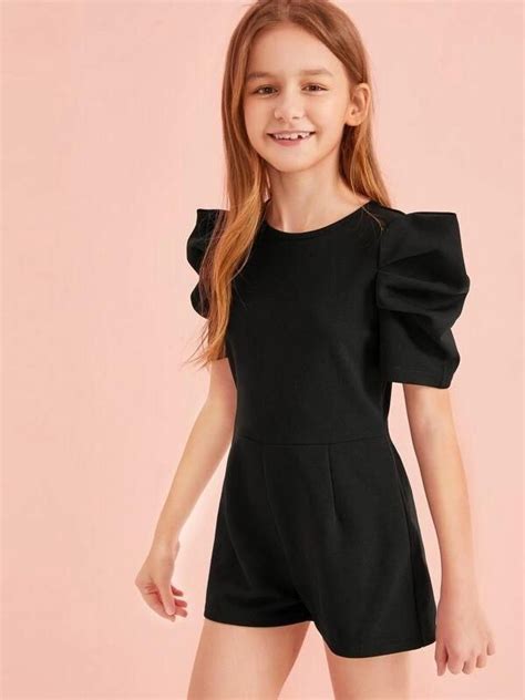Girls Solid Puff Sleeve Zip Back Romper Jumpsuits For Girls Girls