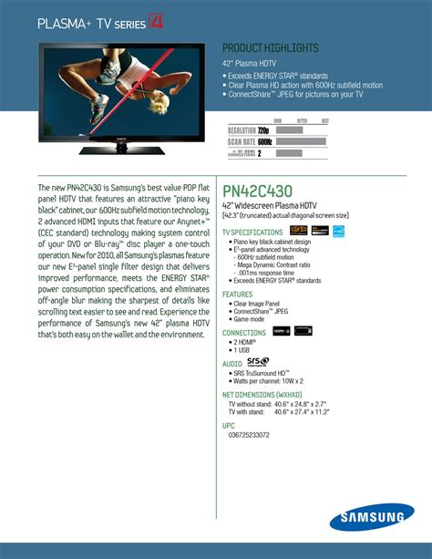 Samsung Pn42c430a1dxza Brochure Pdf Download Manualslib
