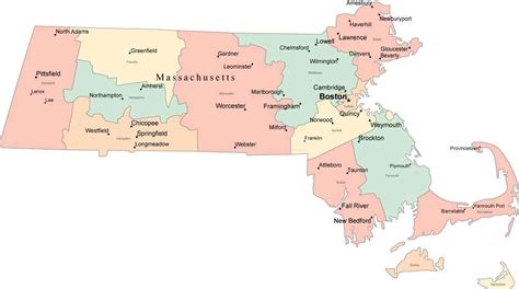 Multi Color Massachusetts Map With Counties Capitals And Major Citie