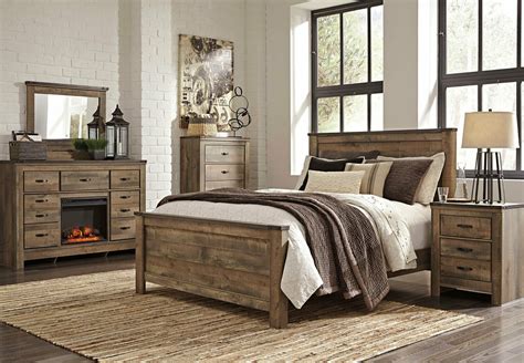 Modern Rustic Brown W Fireplace Bedroom Furniture 5pcs King Size Bed