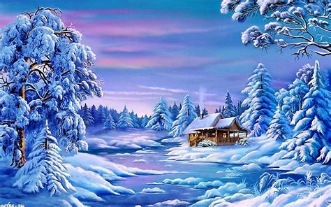 Landscape Winter Frozen River House Trees With Snow 072845
