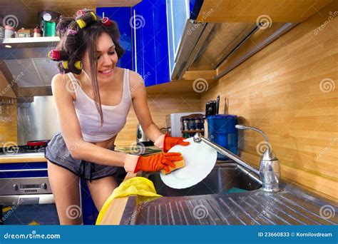 Woman Enjoying Washing Dishes Stock Image Image Of Home Laugh