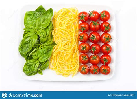 Toss so pasta is thoroughly coated with oil and tomatoes are distributed evenly. Dish With Ingredients For A Pasta With The Colors Of The ...