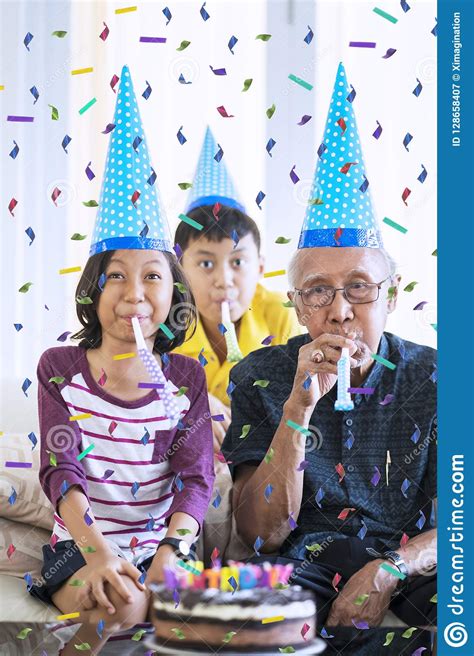 Grandchildren Celebrate Grandfather Birthday Stock Image Image Of