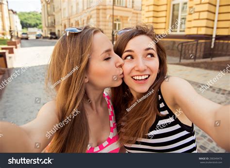 Friends Making Selfie Two Beautiful Young Women Making Selfie And