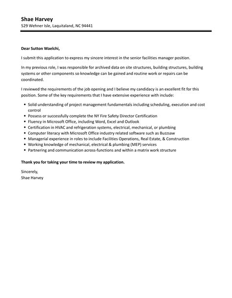 Senior Facilities Manager Cover Letter Velvet Jobs