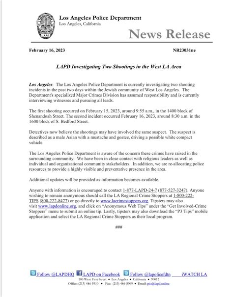 Lapd Pio On Twitter Lapd News Lapd Investigating Two Shootings In West La