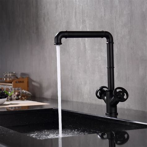 Industrial Style Black Kitchen Faucet Dual Round Handles Sink Tap