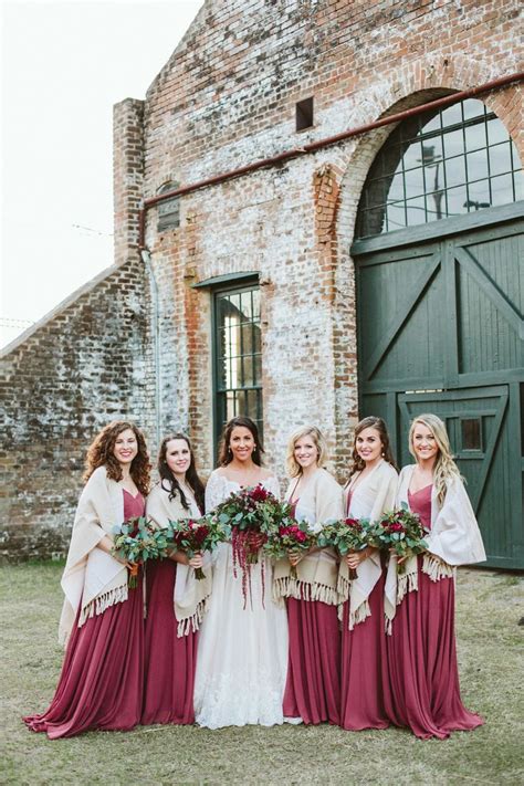 We may earn commission on some of the items you choose to buy. Winter bridal party, red bridesmaid dresses, cream colored ...
