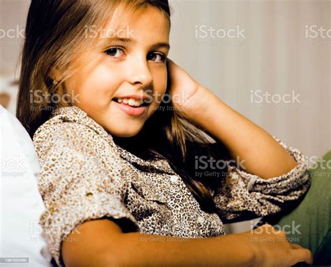 Little Cute Brunette Girl At Home Interior Happy Smiling Close U Stock