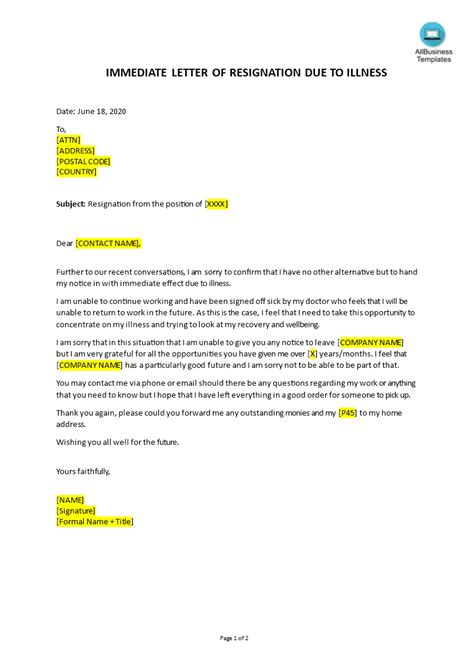 Illness Immediate Resignation Letter Template Templates At