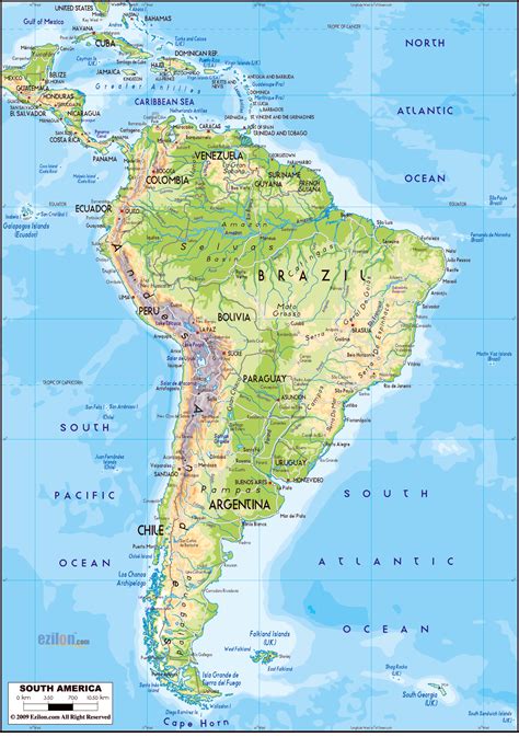 Large Detailed Physical Map Of South America With Roads