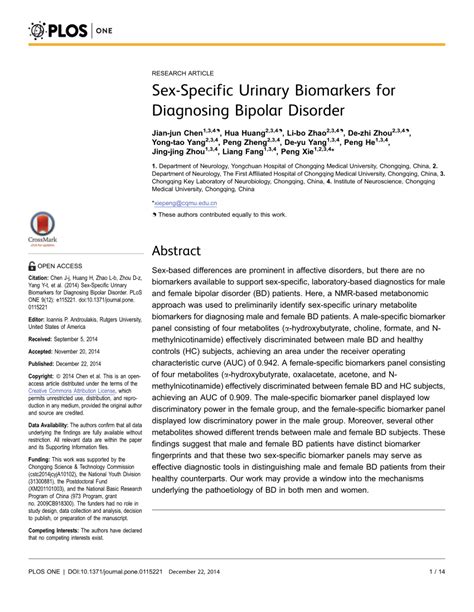 Pdf Sex Specific Urinary Biomarkers For Diagnosing Bipolar Disorder