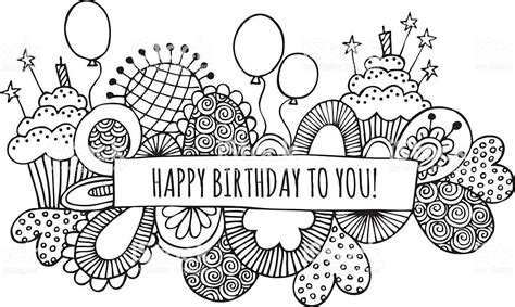 Black And White Happy Birthday Doodle Vector Illustration With With The