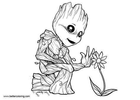 Baby Groot Coloring Pages With Flower Free Printable Coloring Pages