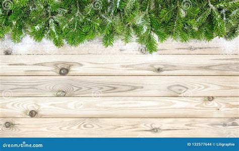 Pine Tree Branches Snow Decoration Wooden Background Stock Photo