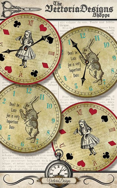 Alice In Wonderland Clocks Printable Party Decor Diy Paper Crafting
