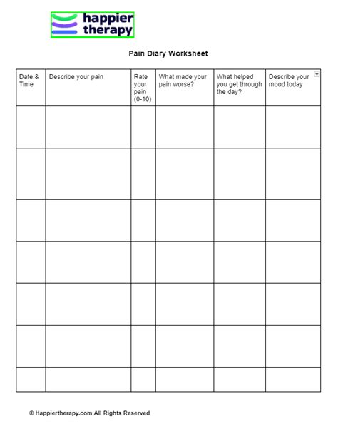 Pain Diary Worksheet Happiertherapy