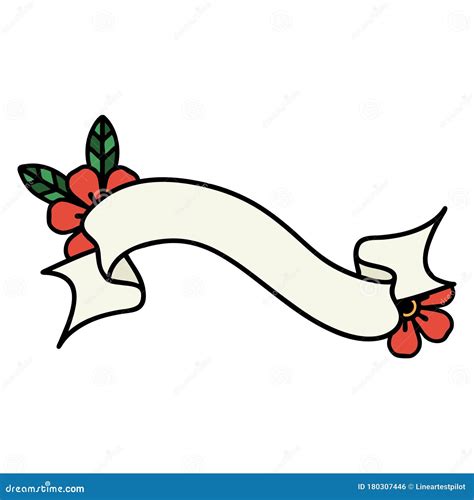 Traditional Tattoo Of A Banner And Flowers Stock Vector Illustration