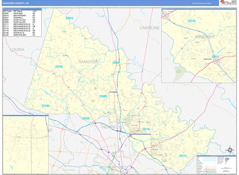 Hanover County, VA Zip Code Wall Map Basic Style by MarketMAPS - MapSales