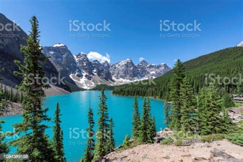 Beautiful Turquoise Waters Of The Moraine Lake In Canadian Rockies