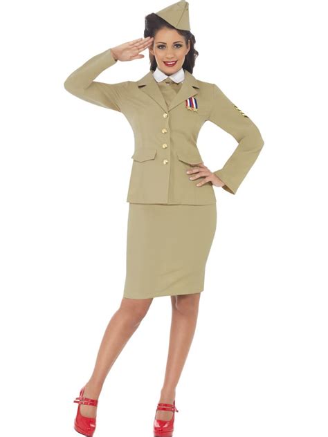 Ladies Retro Officer Wartime Ww2 1940s Army Khaki Uniform Fancy Dress