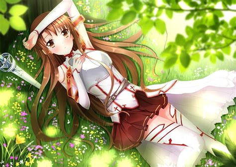 HD Wallpaper Sword Art Online Anime Anime Girls Lying Down Grass Field Yuuki Asuna Wallpaper