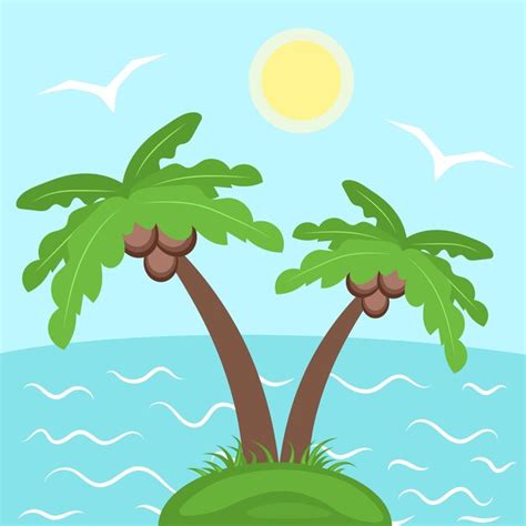 Premium Vector Island With Palm Trees Coconuts Sea Seagulls Sun Travel