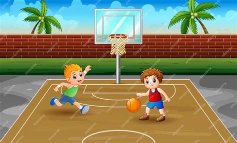 Niños Jugando Baloncesto En La Cancha Ilustración Vector Premium