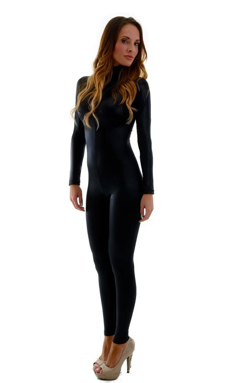 Front Zipper Catsuit Bodysuit For Women In Wet Look Black