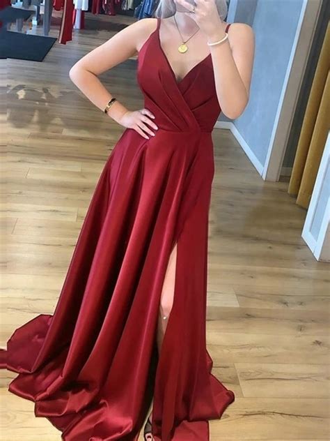 A Line V Neck Burgundy Satin Long Prom Dressesspaghetti Strap Back