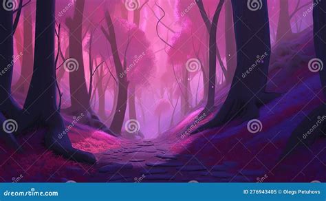A Painting Of A Path Through A Pink Forest With Trees Stock
