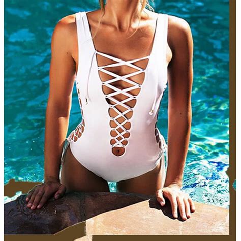 White Bathing Suit Retro Hollow Bandage Style Bikini Monokini Swimsuit