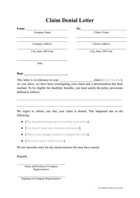 Claim Denial Letter Template Download Printable Pdf Templateroller