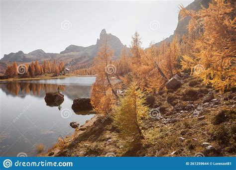 An Alpine Lake Among The Dolomites With Reflection Stock Photo Image