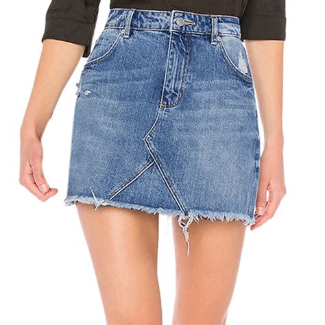 2019 New Blue Denim Skirts Women Solid Casual Hole Summer Button Short