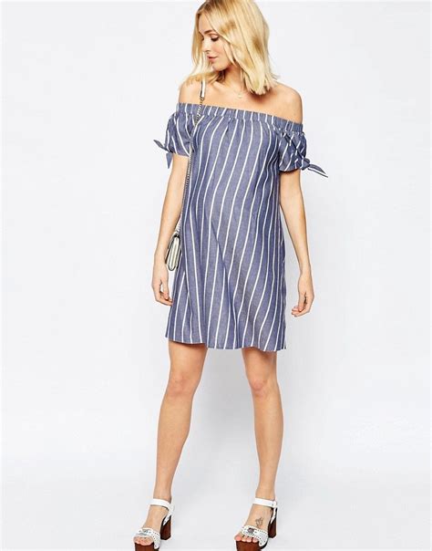 Asos Maternity Cotton Dress With Bow Off Shoulder In Stripe At Asos Com