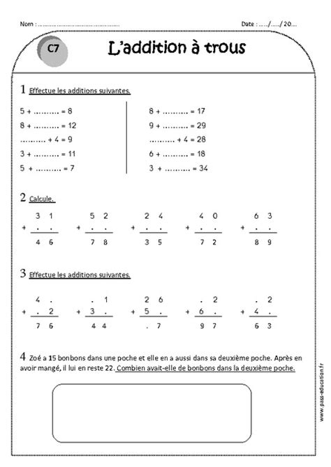 Addition à Trous Ce1 Exercices Corrigés Pass Education