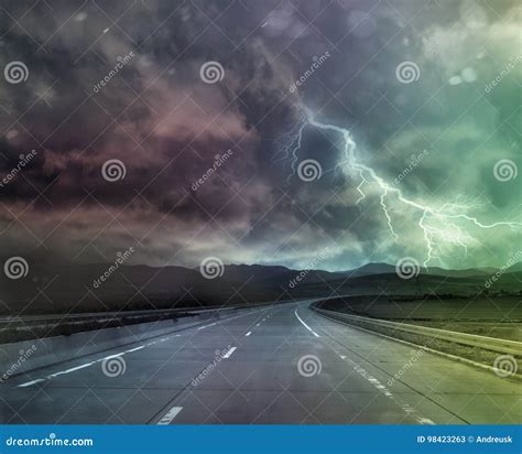 Storm And Thunder On Road Stock Image Image Of Nature 98423263
