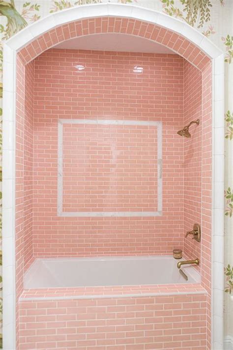 Girly Bathroom With Pink Shower Tiles Transitional Bathroom