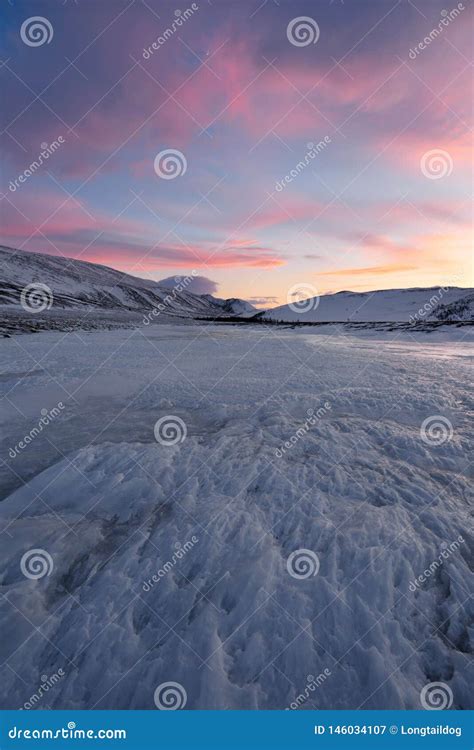 Dramatic Sunset Over The Icy Lake In The Arctic Tundra Yamal Peninsula