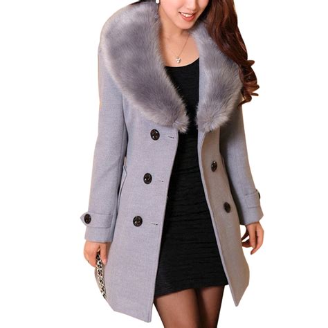 2018 Women Wool Long Coats Winter Warm Faux Fur Collar Double Breasted