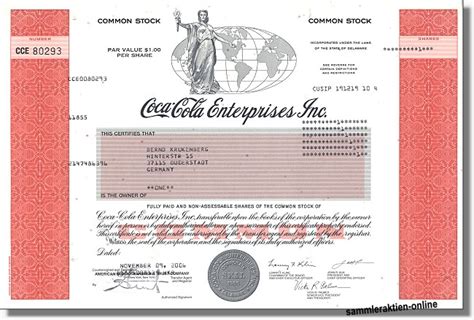 +5,36%abstand aktueller kurs zum ø kursziel: Coca-Cola Enterprises Originalaktie unentwertet - Hahn ...