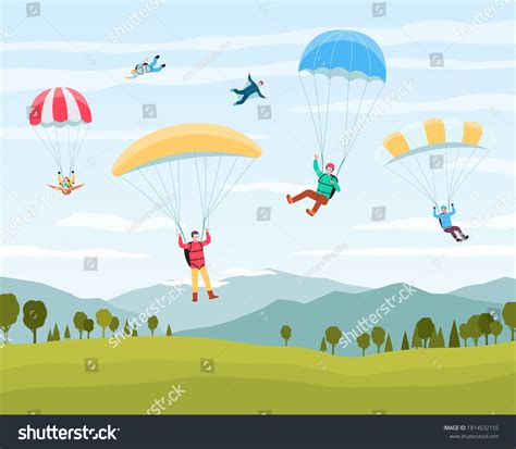 Cartoon People Jumping Parachutes Summer Sky Stock Vector Royalty Free