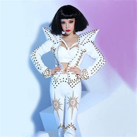 White Punk Style Rivets Fashion Sexy Luxurious Costumes Set Nightclub Bar Ds Dj Female Singer