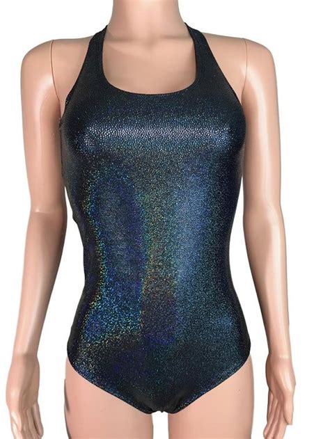 Black Holographic Bodysuit Leotard Bathing Suit Bodycon Etsy Womens